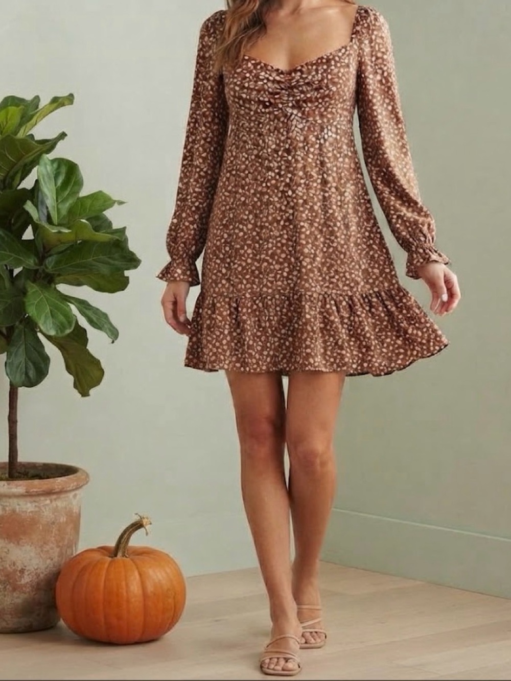 Brown dress  long sleeves. Pullover short dress.  XS. printed As u wish brand.